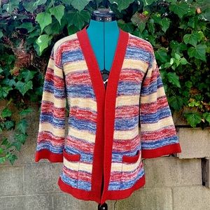 70s Striped Cardigan M Vintage Red Blue Knit Open Front 3/4 Sleeves Sweater